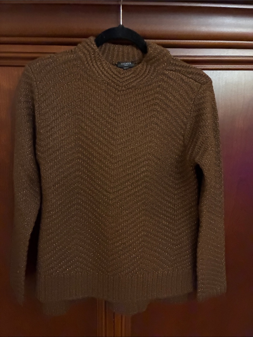Talbots Brown Metallic Chevron Mock-Neck Sweater